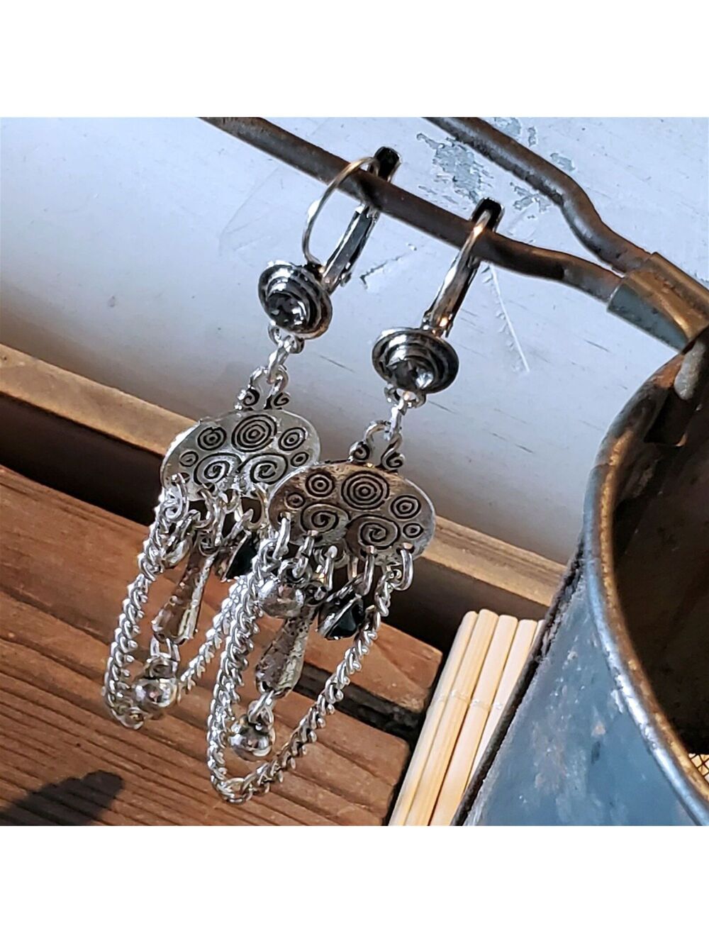 Vintage Picasso Style Antique Silver Smoke Black Rhinestone Dangle Earrings